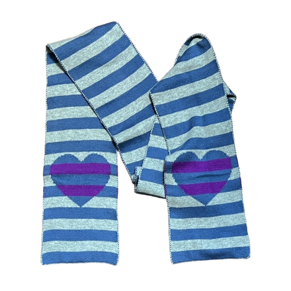 Blue & Gray Stripe Scarf with Purple Stripe Hearts 5” x 57”